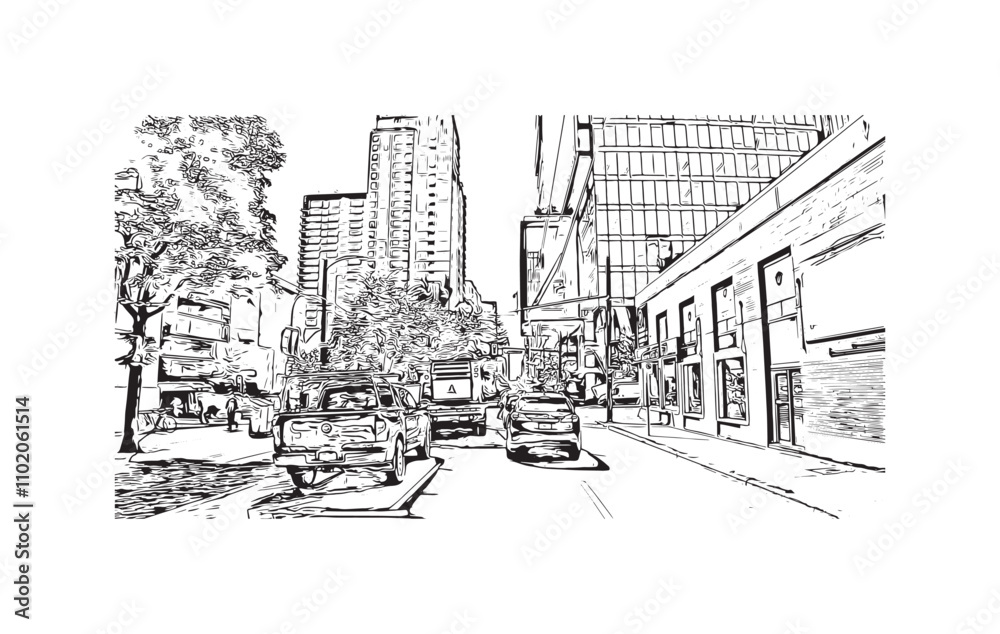Print Building view with landmark of Vancouver is the city in Western Canada. Hand drawn sketch illustration in vector.