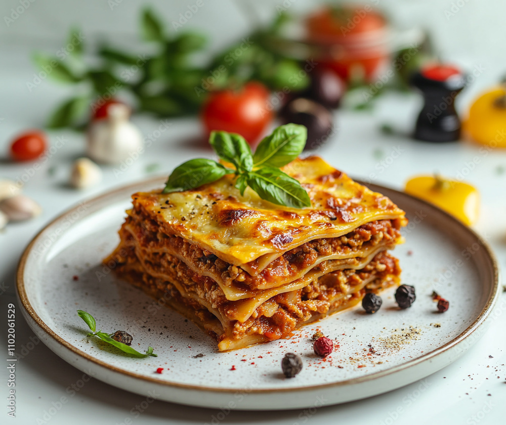 lasagna on a plate and some Italian food ingredients lasagna on a plate and some Italian food ingredients