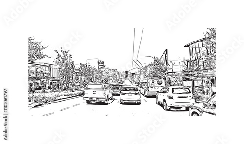 Print Building view with landmark of Vancouver is the city in Western Canada. Hand drawn sketch illustration in vector.