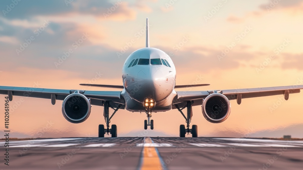 Obraz premium Passenger plane gliding smoothly near air traffic control tower sunset