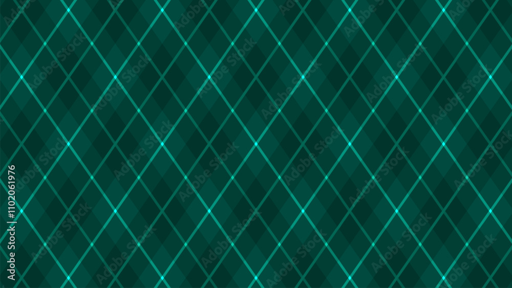 Christmas Seamless vivid geometric background for fabric, textile, men clothing, wrapping paper. Argyle vector pattern. Dark green with thin slim golden dotted line.