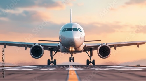 Passenger plane gliding smoothly near air traffic control tower sunset