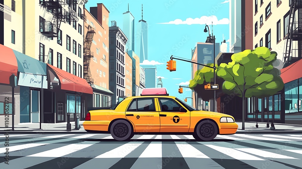 Fototapeta premium Yellow Cab Crossing City Street Amidst Skyscrapers