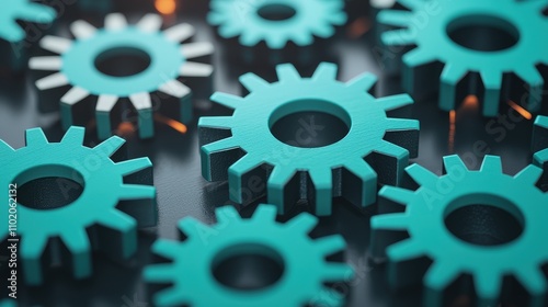 Close-up of turquoise gears on a dark surface, symbolizing mechanics.