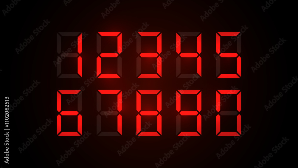 LCD LED digit set for the counter, clock, calculator mockup in flat style design. Zero to Nine Cyan digital electronic clock numbers set isolated on black background. EPS 10.
LCD LED digit set for the counter, clock, calculator mockup in flat style design. Zero to Nine Cyan digital electronic clock numbers set isolated on black background. EPS 10.