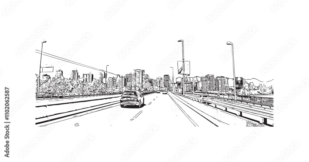 Print Building view with landmark of Vancouver is the city in Western Canada. Hand drawn sketch illustration in vector.
