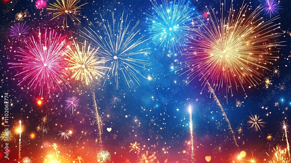 Naklejka premium New Year fireworks over a serene lake, bright colors reflecting, surrounded by nature