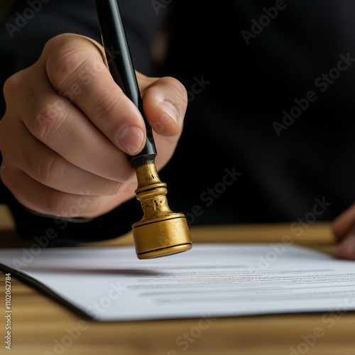 Hand hold stamping rubber business document invoice bill financial on desk.