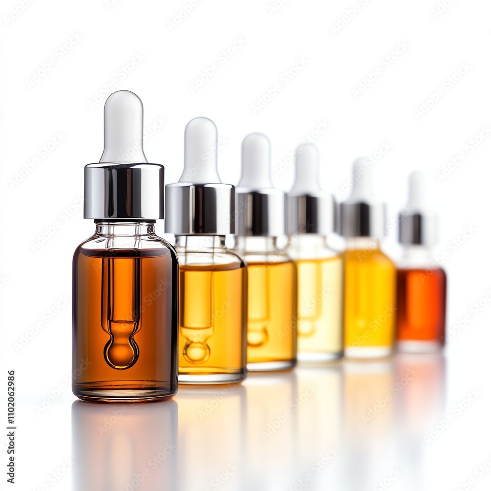 Bottles of essential oils in various shades, white isolated background Bottles of essential oils in various shades, white isolated background