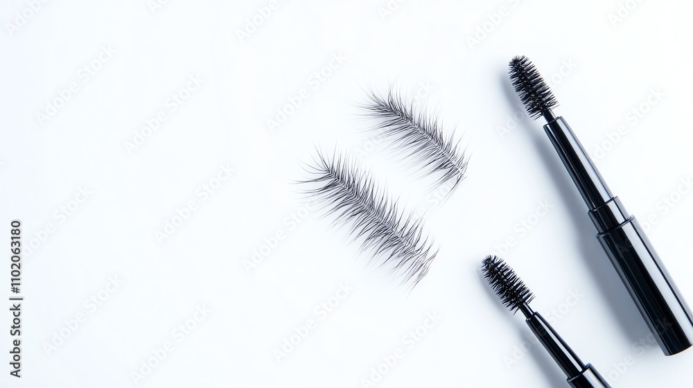 False eyelashes and mascara tube on a white isolated background. False eyelashes and mascara tube on a white isolated background.