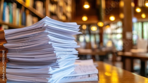 Pile of Papers in a Cozy Library Setting photo