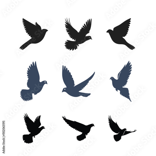 set of pigeons flying bird silhouette design 