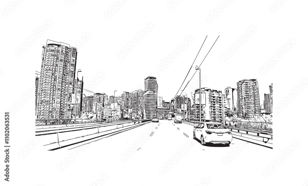 Print Building view with landmark of Vancouver is the city in Western Canada. Hand drawn sketch illustration in vector.