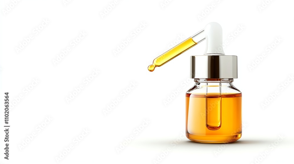 Glass dropper bottle with golden serum on white isolate background. Glass dropper bottle with golden serum on white isolate background.