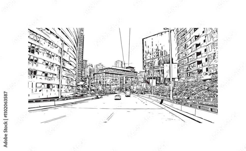 Print Building view with landmark of Vancouver is the city in Western Canada. Hand drawn sketch illustration in vector.