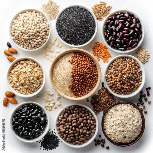 A cup in the middle surrounded by brown rice, black sesame, oat bran, oat flakes, black glutinous rice, black beans, red beans, mung beans, soybeans, cowpeas, wheat, on a white background. top view.