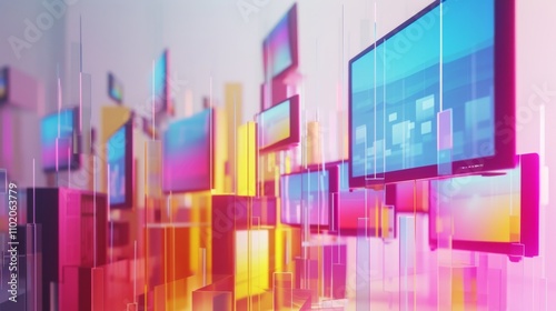 Floating monitors displayed in an abstract, neon-lit environment create a dynamic and futuristic scene. The bright colors and sharp screens emphasize technology, data, and modern digital themes