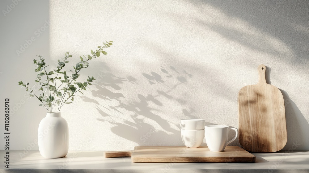 Stylish kitchen with a wooden chopping board, pristine white cups, and a vase adding a fresh touch to the minimalist design. Stylish kitchen with a wooden chopping board, pristine white cups, and a vase adding a fresh touch to the minimalist design.
