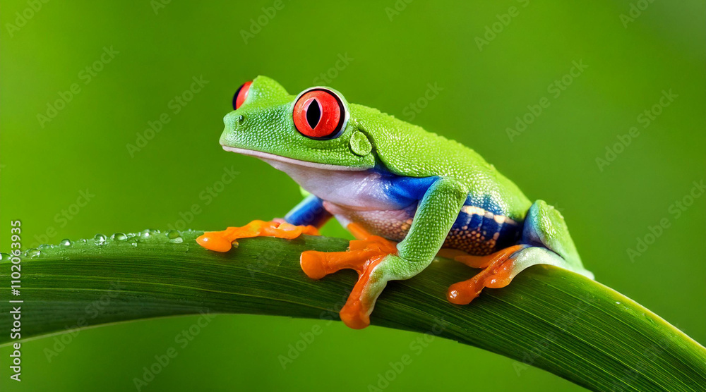 Naklejka premium A red-eyed tree frog perched on a dewy leaf, its vibrant colors popping against a soft green background