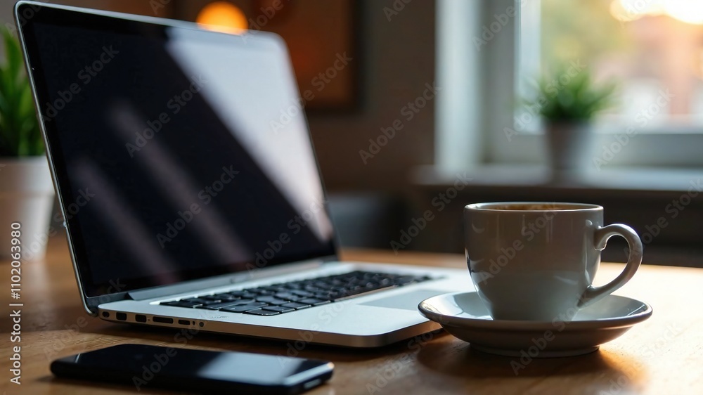 Laptop Coffee Cup Desk Workspace Digital Art Realistic Photo Laptop Coffee Cup Desk Workspace Digital Art Realistic Photo