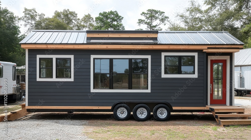 Fototapeta premium Modern tiny house on wheels with a sleek design and outdoor steps located in a rural area