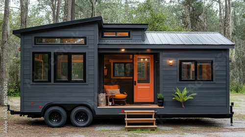 Tiny house on wheels surrounded by trees in a serene outdoor setting
