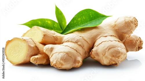 Fresh ginger with green leaves isolated on white background, Ginger root on white background With clipping path