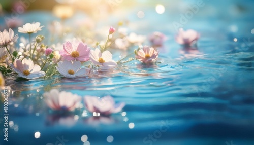 夏の日差しを受けて水面に浮かぶ美しい花々