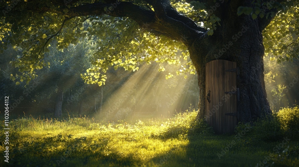 Tall tree with a rustic wooden door, surrounded by lush grass and dappled sunlight, evoking magic and tranquility. Tall tree with a rustic wooden door, surrounded by lush grass and dappled sunlight, evoking magic and tranquility.