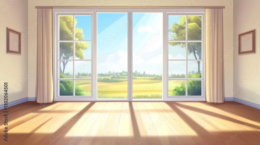 Fototapeta premium Sunny Room with Large Window and Rural View