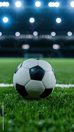 A close-up of a soccer ball on lush green grass under bright stadium lights, ideal for sports-related content, advertisements, or articles about soccer, teamwork, or athletic events,