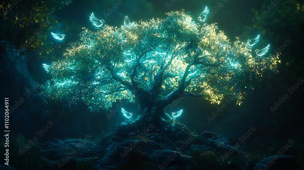 Naklejka premium Glowing Holographic Tree with Robotic Birds Perched on Its Branches Symbolizing Balance of Nature and Technology