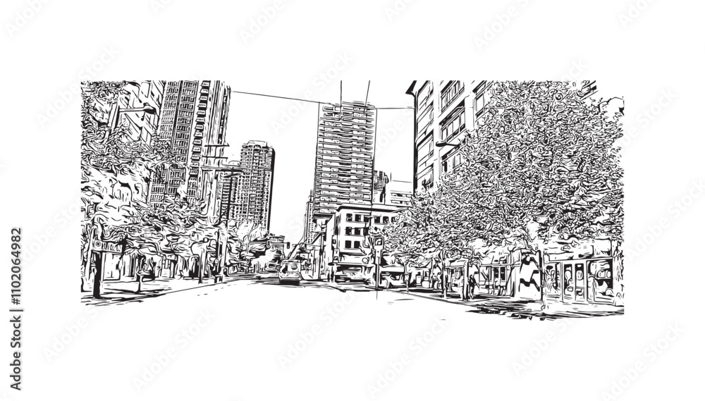 Print Building view with landmark of Vancouver is the city in Western Canada. Hand drawn sketch illustration in vector.