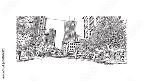 Obraz na płótnie Print Building view with landmark of Vancouver is the city in Western Canada. Hand drawn sketch illustration in vector. w salonie