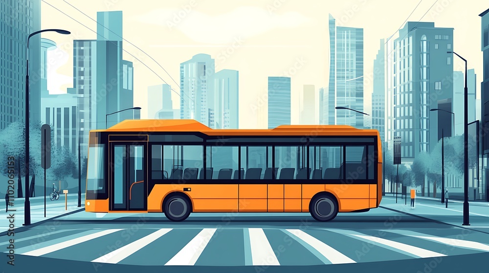 Orange City Bus Crossing Pedestrian Street Amidst Modern Buildings Orange City Bus Crossing Pedestrian Street Amidst Modern Buildings