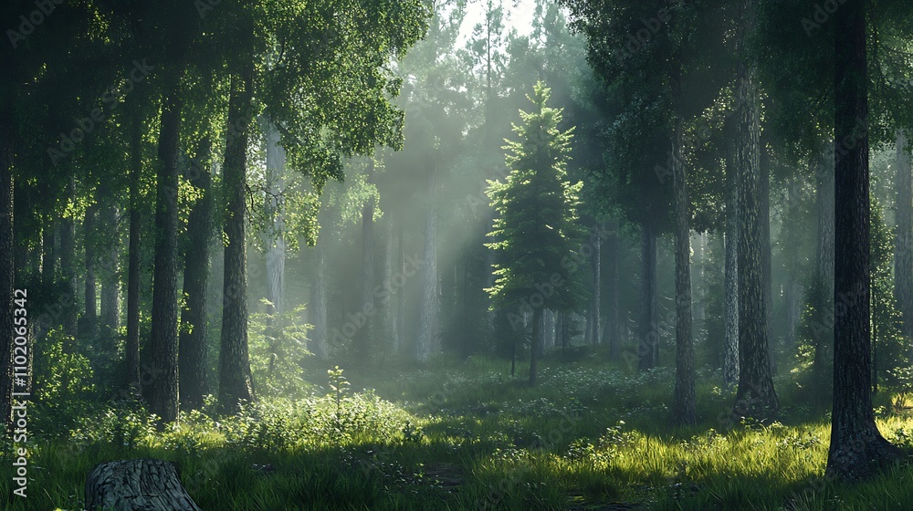 Obraz premium A serene forest scene illuminated by soft light, showcasing nature's tranquility.