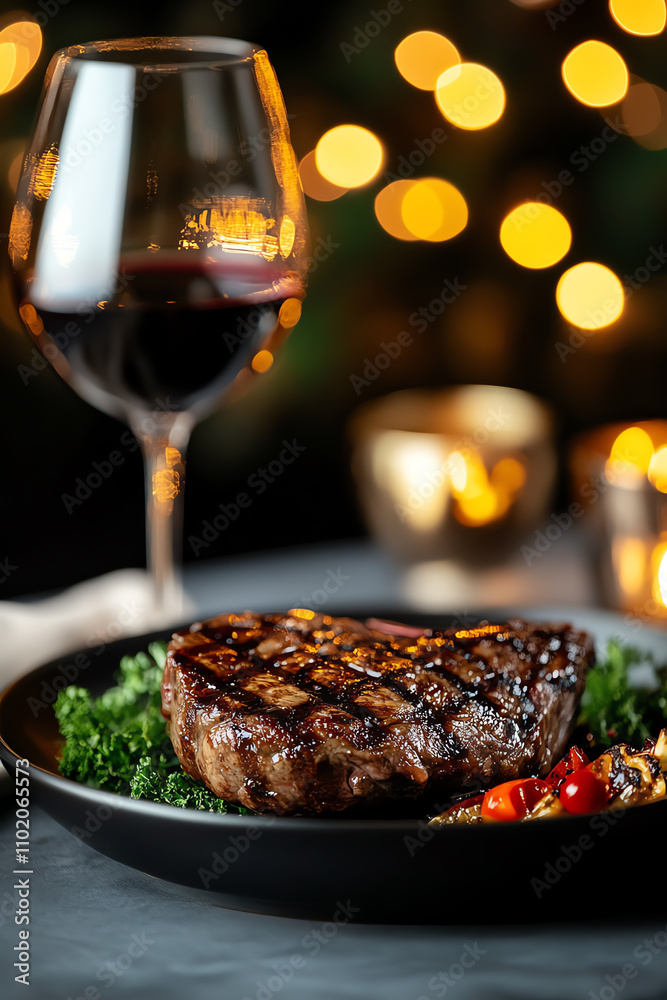 Grilled medium rare steak served on an artisanal plate, paired with red wine, luxury bistro background, ultrarealistic Grilled medium rare steak served on an artisanal plate, paired with red wine, luxury bistro background, ultrarealistic