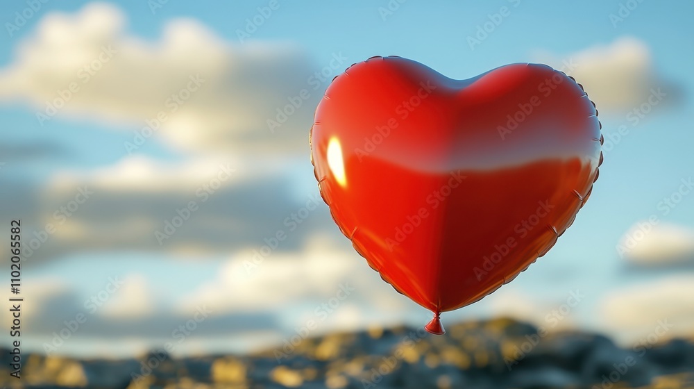 Fototapeta premium Valentine's Day Concept: Red Heart-Shaped Balloon Against Sky