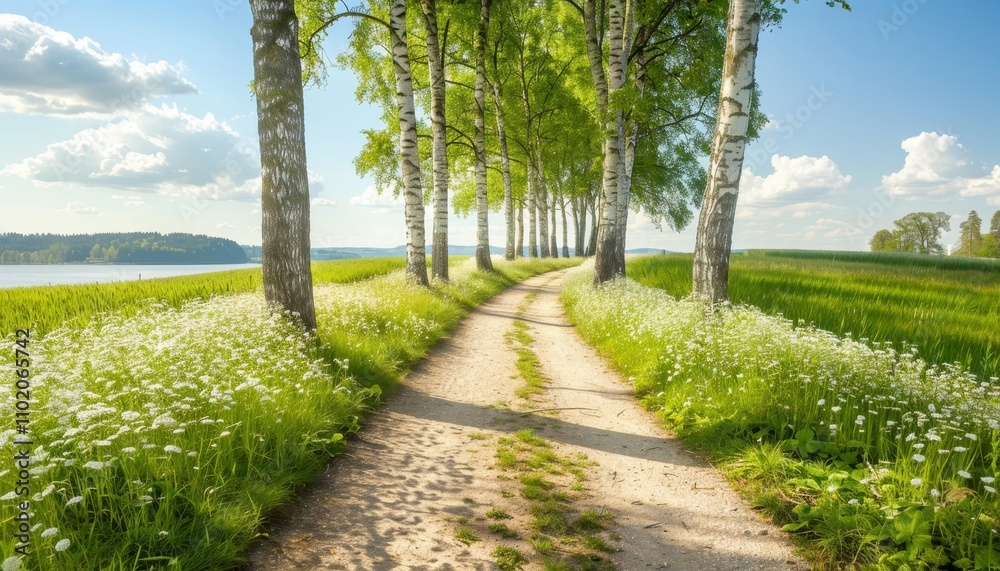 Scenic countryside road surrounded by vibrant blooming trees in a serene spring landscape Scenic countryside road surrounded by vibrant blooming trees in a serene spring landscape