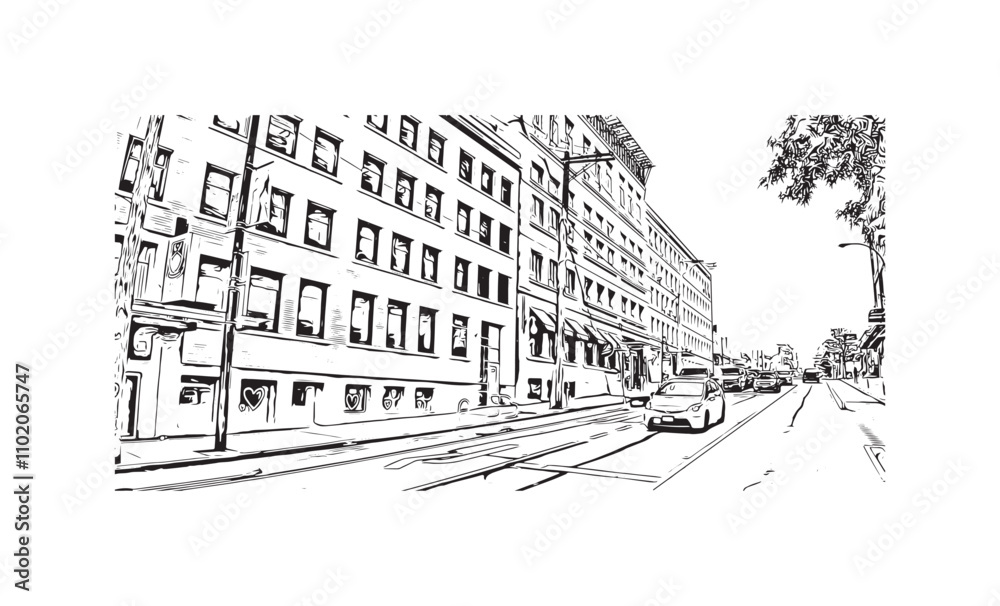 Print Building view with landmark of Vancouver is the city in Western Canada. Hand drawn sketch illustration in vector.