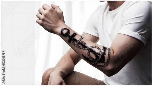 A man showing his Tattoo of a ship anchor on a his right arm with muscular features