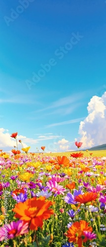 A tranquil field of wild flowers under a clear blue sky during golden hour, summery, landscape