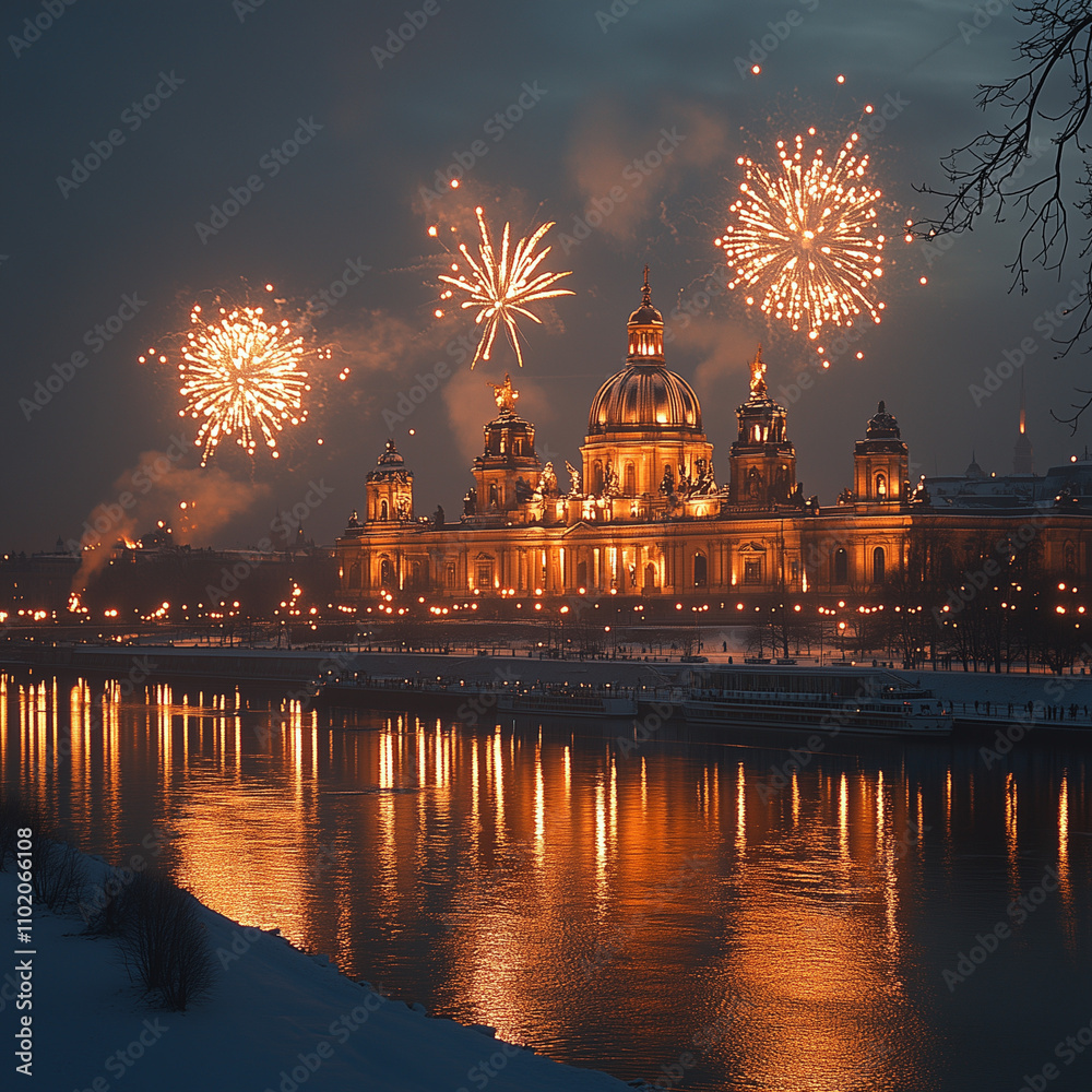 Fototapeta premium shilouette, feuerwerkj, silvester, raketen, feuer, jahreswechsel, party, nacht, rom, fluss, architektur, cathedral, italien, brücke, vatikan, stadt, kirche, europa, anreisen, basilika, wasser, st, ori