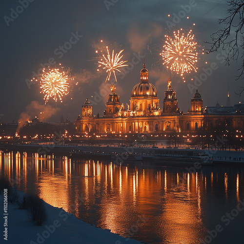 shilouette, feuerwerkj, silvester, raketen, feuer, jahreswechsel, party, nacht, rom, fluss, architektur, cathedral, italien, brücke, vatikan, stadt, kirche, europa, anreisen, basilika, wasser, st, ori photo