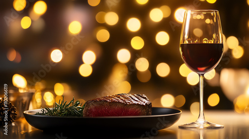Medium rare steak on a highquality dish with wine glass beside, surrounded by a warm luxury setting, ultrarealistic