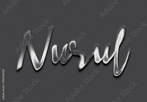 Chrome metal 3D Indonesian name design of Nurul on grey background. photo