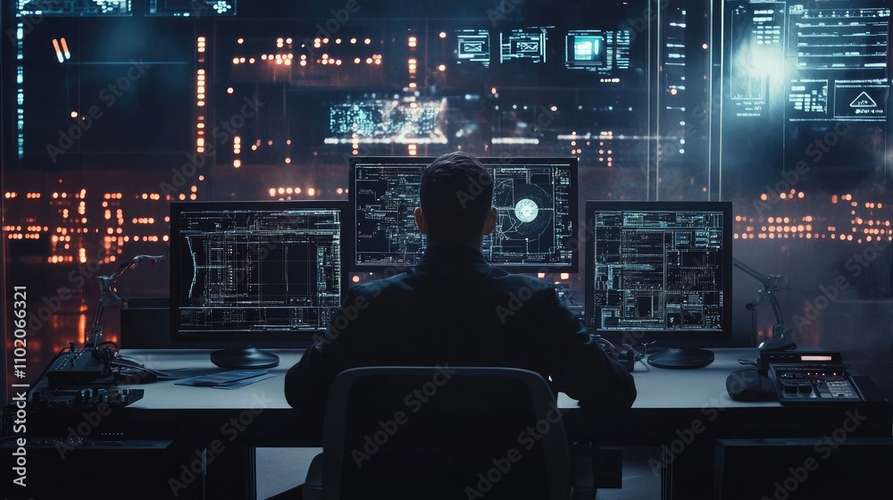 Engineer using AI system to control production mechanism, back view Engineer using AI system to control production mechanism, back view