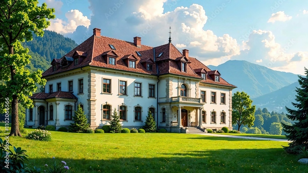 Obraz premium Palace in Olszanica Bieszczady Poland, Architectural AI, European Castle, Historic Building, Poland Travel, Scenic Landscape