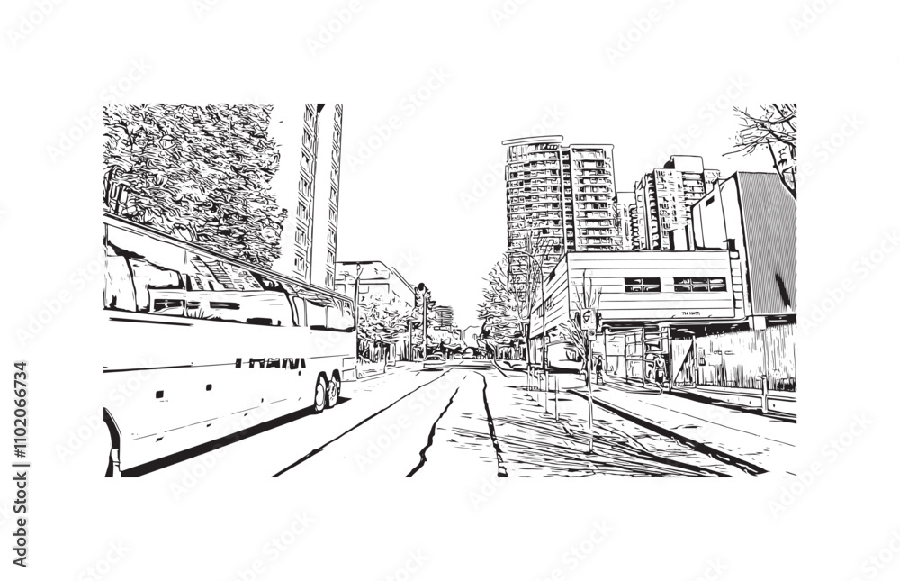 Print Building view with landmark of Vancouver is the city in Western Canada. Hand drawn sketch illustration in vector.