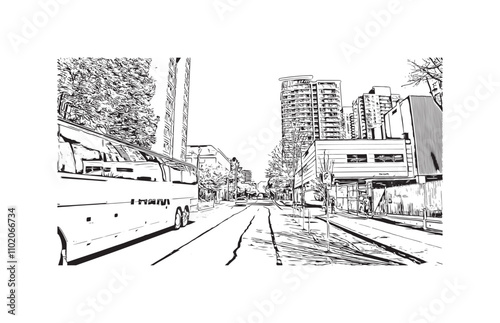 Obraz na płótnie Print Building view with landmark of Vancouver is the city in Western Canada. Hand drawn sketch illustration in vector. w salonie